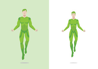superhero couple male and female in green costume floating show strength template to be customized