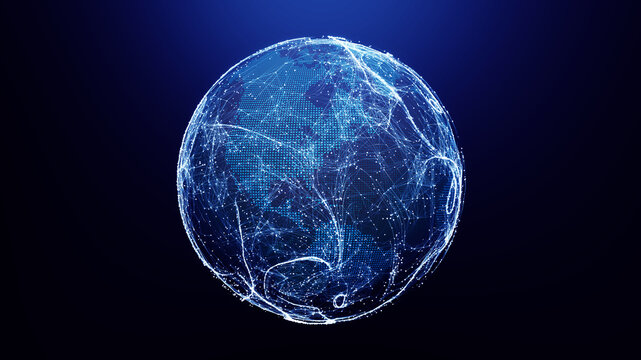 Global network connection concept. Big data visualization. Futuristic digital globe with interconnected nodes and lines, representing global connectivity, data flow, and technology in the digital age.