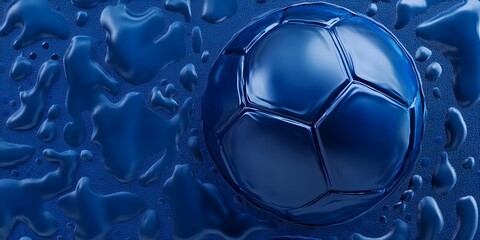 Naklejka premium Blue football shirt material with intricate mesh pattern in close-up view​ water drops on blue background