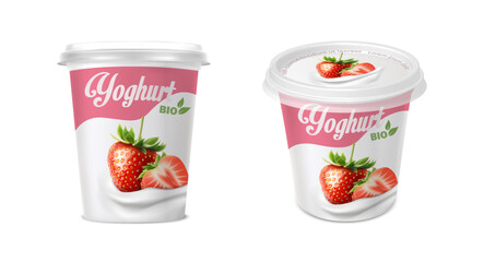 3d realistic vector icon illustration set. Creamy yogurt container for packaging. Strawberry Greek Yogurt.