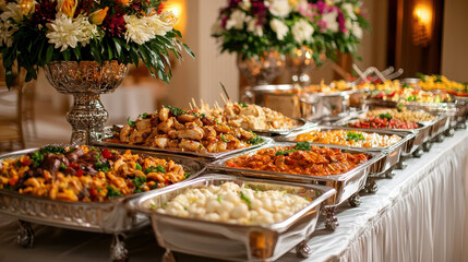 vibrant Indian catering platter featuring variety of delicious dishes, beautifully arranged for event