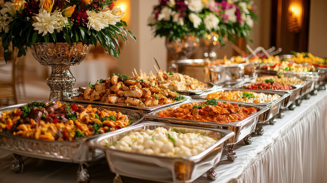 vibrant Indian catering platter featuring variety of delicious dishes, beautifully arranged for event