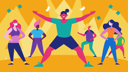 Dance Fitness Class A vibrant image showing a dancethemed fitness class with a lively trainer leading the movements and participants grooving in their own spaces.