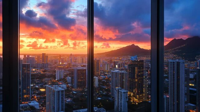 Spectacular Sunset over Honolulu Cityscape from High-Rise Window