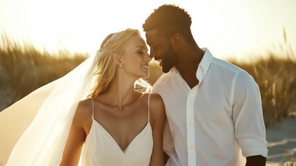 Wedding couple in white attire, enjoying a beach sunset, radiating happiness and love. They embrace, creating a romantic and joyful scene with natures serenity. Video made using Generative AI.