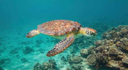 Majestic Sea Turtle Gracefully Navigating Vibrant Coral Reef in Tropical Ocean
