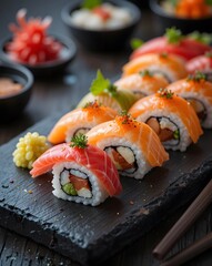 Close-up of assorted Japanese food pieces arranged on a rustic wooden board with chopsticks, dark blurred background, perfect for food advertising, menus, and social media visuals