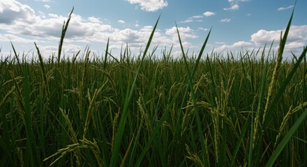 Fototapeta premium Lush Green Rice Paddy Under a Partly Cloudy Blue Sky, Rural Agriculture Landscape