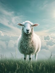 Fototapeta premium Standing Sheep in Grassy Field with Sky and Clouds Background