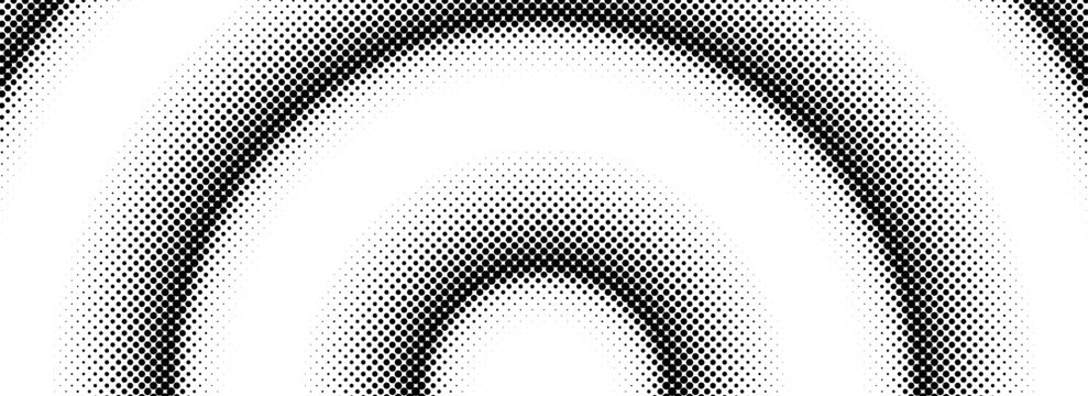 Halftone arch background. Radial comic semi circle wallpaper. Black and white dotted arc gradient. Fading rough dot hemisphere concept. Grungy pop art gradation backdrop. Vector