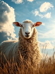 Fototapeta premium Close-up of White Sheep Standing in Field with Cloudy Sky