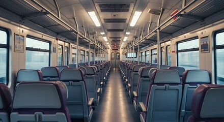 Fototapeta premium Empty Seats on a Modern Suburban Train Carriage, Interior View, Public Transportation