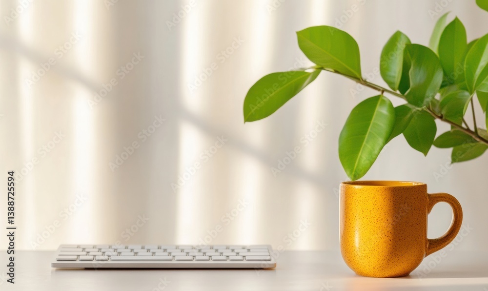 Poster minimalist digital workspace ergonomic wireless keyboard with biophilic yellow mug in soft natural l