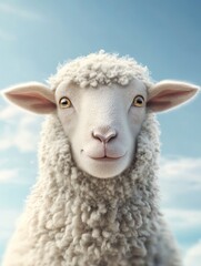 Close-up of a Cute White Sheep Smiling Against a Blue Sky