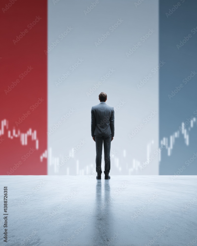 Poster economic uncertainty visualized minimalist finance professional navigating volatile market trends wi