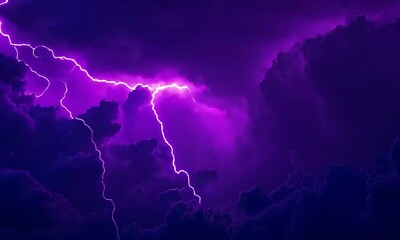 Dramatic purple thunderstorm with electrifying lightning strikes in night sky