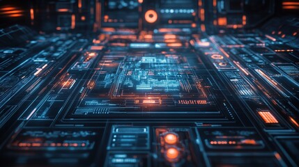 Futuristic digital circuit board glowing with orange and blue light.