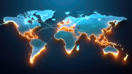 Glowing digital world map with global business connections and network lines
