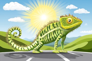 Obraz premium Green chameleon stands on road with sun shining