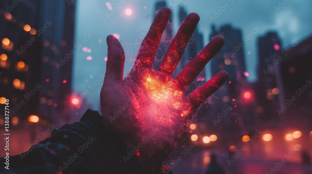 Poster urban cyberpunk illumination ethereal digital transformation of human interaction with glowing hand 