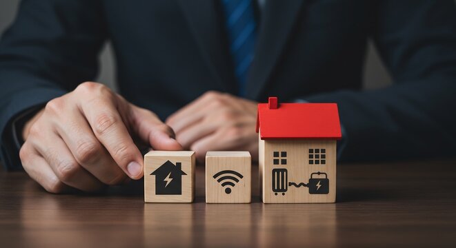 Smart Home Energy Efficiency: Businessperson Planning Sustainable Living with Wooden Blocks and House Model