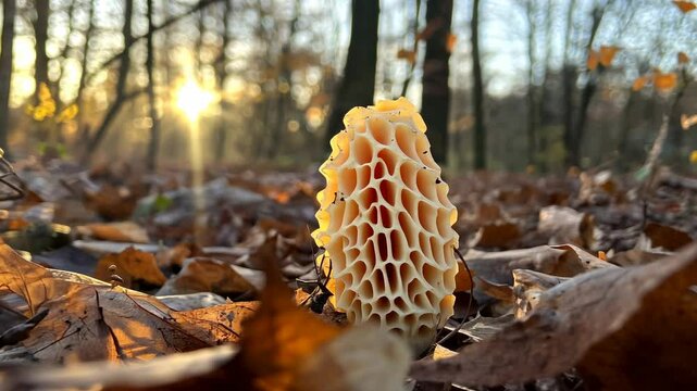 Golden Hour Morel Mushroom in Autumn Forest