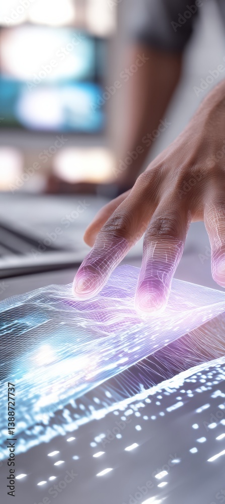 Poster Next-Gen Digital Innovation Gen Z Designer Exploring Immersive AR Holographic Interface with Cutting-Edge Mixed Reality Technology for Futuristic Workspace Transformation