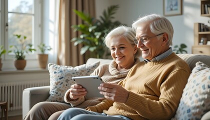 Older couple using tablet together in cozy modern living room with natural light, warm tones, soft focus, showing connection and tech use, perfect for lifestyle and inclusivity themes