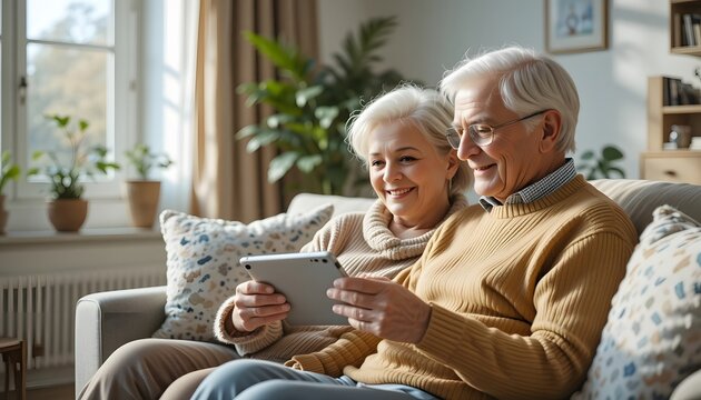 Older couple using tablet together in cozy modern living room with natural light, warm tones, soft focus, showing connection and tech use, perfect for lifestyle and inclusivity themes