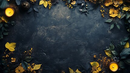 Autumn Floral Background with Candles and Greenery on Dark Texture