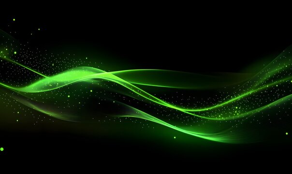 Abstract glowing green waves on black background - Powered by Adobe