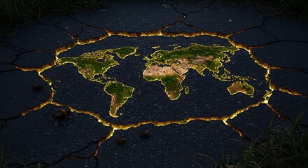 Fototapeta premium Glowing World Map on Cracked Pavement Earth and Infrastructure Concept