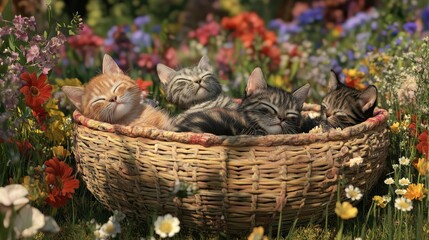 Cats relaxing in a woven basket flower field nature sunny day