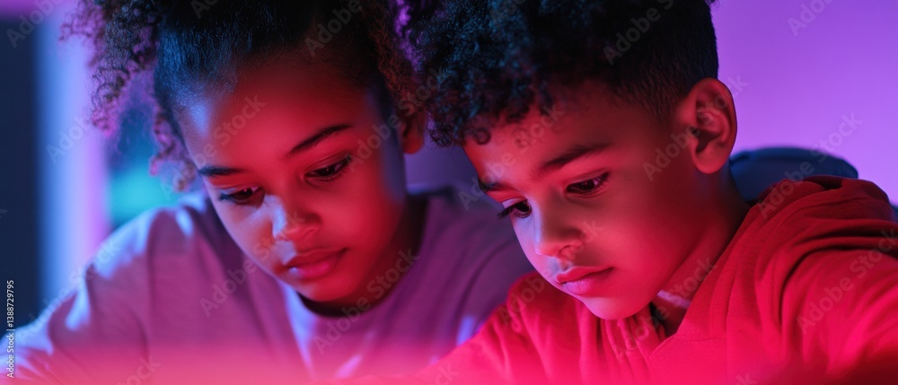Aufkleber gen z digital connection intimate youth collaboration in neon-lit creative space - emerging tech sto