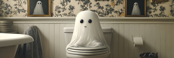 Funny Ghost Sitting on Toilet in Bathroom with Floral Wallpaper
