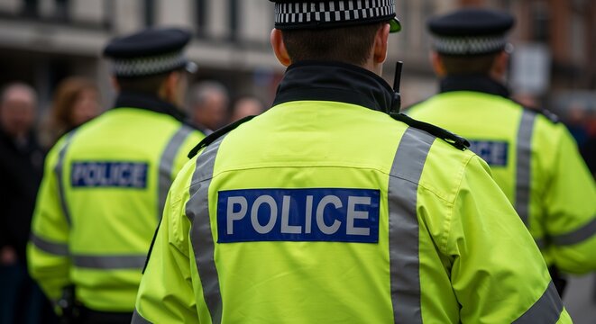 Rear View of Police Officers in High Visibility Jackets at an Outdoor Event