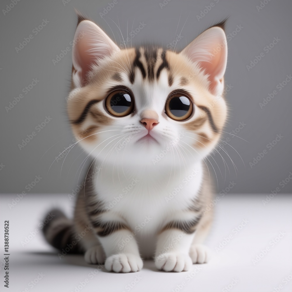 Poster a charming kitten with large, expressive eyes gazes upwards. its soft fur and tiny paws add to its a