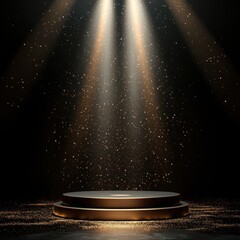 Elegant black podium on stage illuminated by a bright spotlight creating a dramatic atmosphere for presentations