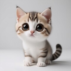 Fototapeta premium Cute kitten with big eyes and striped fur sits and stares directly ahead. Its paws are white, and it has a small pink nose and whiskers.