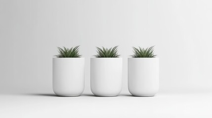 Obraz premium Three small, potted plants sit in a row against a white background. Each plant has bright green, spiky leaves and is in a cylindrical white pot. The image is clean and minimalist. The lighting is ev