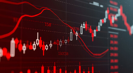 Fototapeta premium Declining Stock Market: Red Candlestick Chart with Downtrend Lines on Dark Screen.