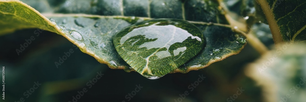 Poster eco-resilience visual macro water droplet lens with organic leaf reflection - sustainable design nar