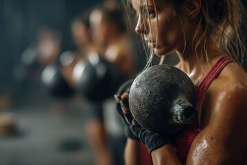 Woman lifting kettlebells in a Crossfit gym, showcasing strength and endurance training.