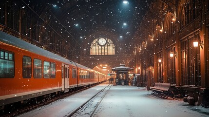 Snowy Night Train Station Winter Travel Transportation Architecture Lights