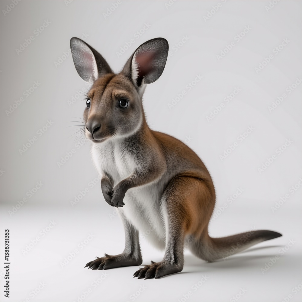 Aufkleber A young kangaroo joey stands on a plain white background. The marsupial is brown with large ears and a long tail. It looks directly at the viewer in a studio style image.
