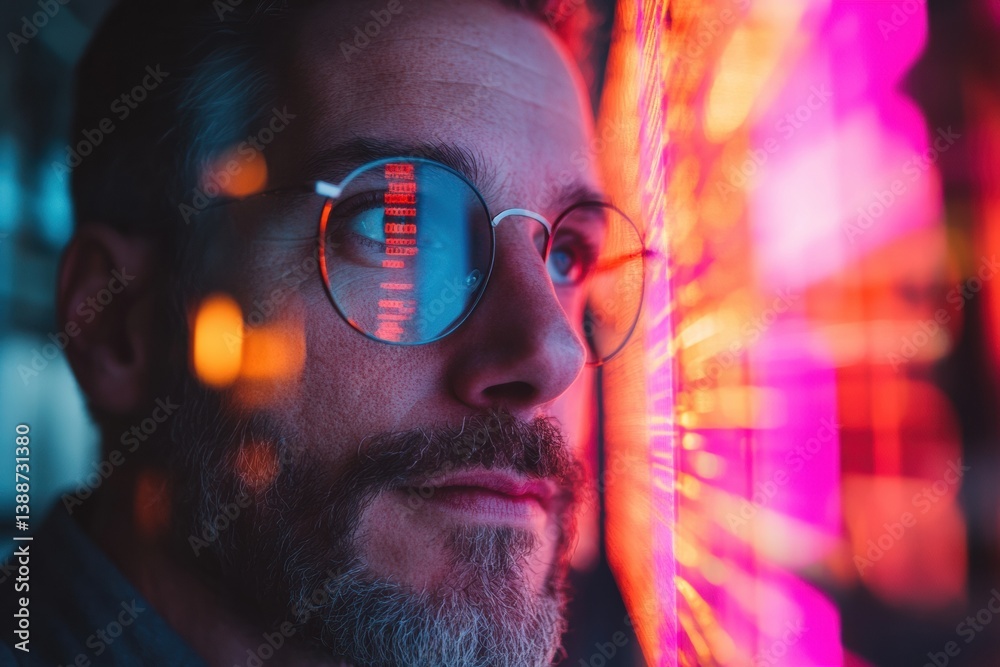 Poster cyberpunk innovation reflective tech insights with immersive neon visualization - gen x digital tran