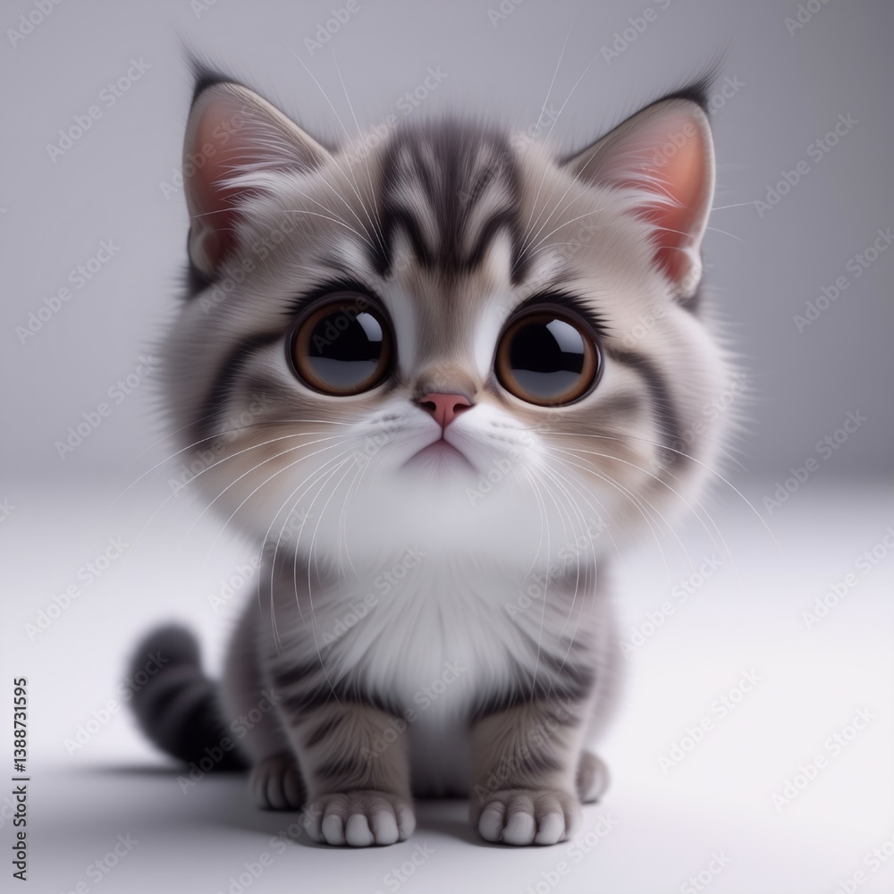 Poster a fluffy grey tabby kitten with big, endearing eyes sits patiently. its soft fur and gentle gaze cre