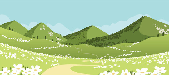 Fototapeta premium Abstract landscape background vector. Panorama view wallpaper in minimal design with mountain, tree, flower, cloud. Illustration for print, interior, wall art, decoration, cover, banner. 