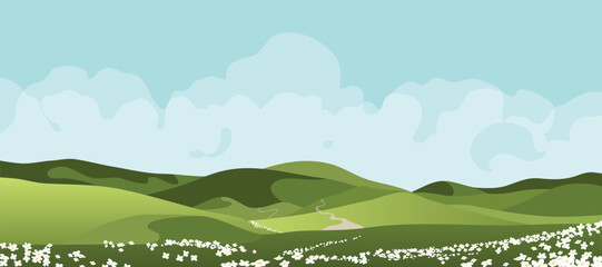Fototapeta premium Abstract landscape background vector. Panorama view wallpaper in minimal design with mountain, tree, flower, cloud. Illustration for print, interior, wall art, decoration, cover, banner. 