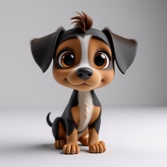 A charming cartoon puppy with big eyes and brown and black fur sits patiently on a white surface, exuding cuteness and playful innocence.